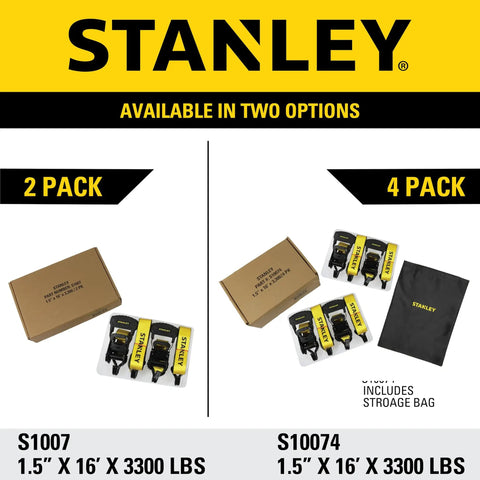 Heavy Duty Beefy Ratchet Tie Down Straps 1.5 Inch Wide 16 Foot Long Black And Yellow 3300 Lb Break Strength Four Pack in packaging