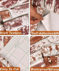 Detailed features of Red Brick Peel And Stick Wallpaper For Walls Waterproof Self Adhesive Removable Faux 3D Brick Backsplash And Accent Covering No Glue Needed Diy Friendly 17.7in W 393in L 48.4 Sq Ft, showing brick texture, self-adhesive, easy to cut, and waterproof design.