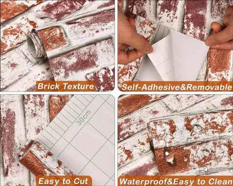 Detailed features of Red Brick Peel And Stick Wallpaper For Walls Waterproof Self Adhesive Removable Faux 3D Brick Backsplash And Accent Covering No Glue Needed Diy Friendly 17.7in W 393in L 48.4 Sq Ft, showing brick texture, self-adhesive, easy to cut, and waterproof design.