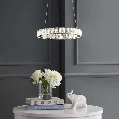 Chrome 1 Light Integrated LED Pendant With Crystal Ring Dope Adjustable Height Modern Glam Dining Room Chandelier Dimmable And ETL Listed