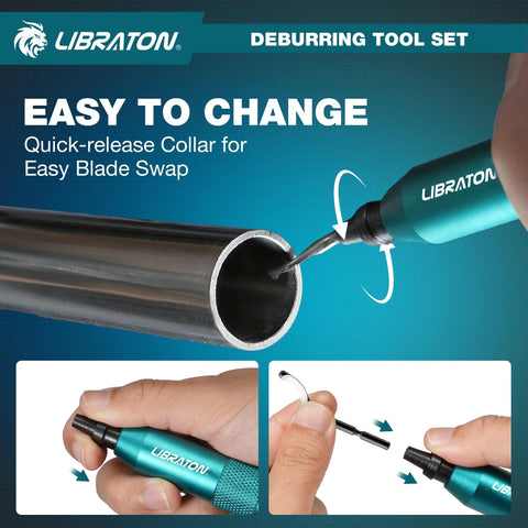 LIBRATON deburring tool with 360-degree swivel and quick-release collar, shown with 10 HSS blades for metal pipe deburring.