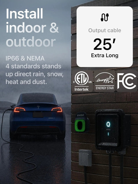 Plug And Play Level 2 EV Charger With Dope NACS Connector To Crank Your Battery Fast On Any 240 Volt Nema 14-50 Socket Smooth Operator For Tesla Or Every Street Whip Cruising Downtown, 25ft cable installed outdoors.