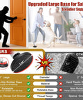 Comparison of door security bars showing upgraded large base for safer, steadier support with 600lb grip for hinged and sliding doors.
