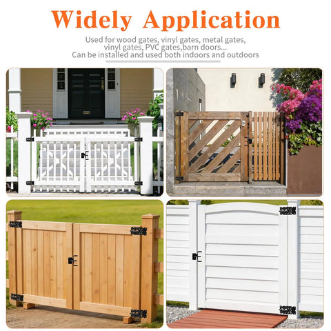 Self Closing Gate Hinge And Latch Kit For Vinyl And Wood Fence Gates Kid Safe Heavy Duty Gate Hardware With Self Locking Latch Adjustable Hinges And Included Screws 2 Latches And 4 Hinges Easy Installation on wood, vinyl and white fence gates