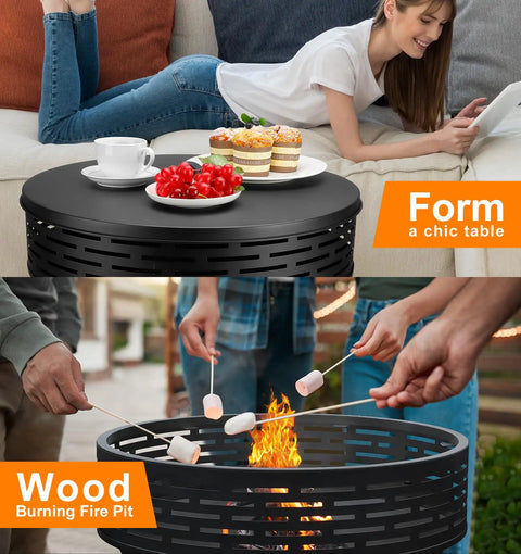 Person using 23 Inch Cast Iron Round Fire Pit With Grill And Flat Lid 3 In 1 Outdoor Fire Bowl Table as a table and fire pit.
