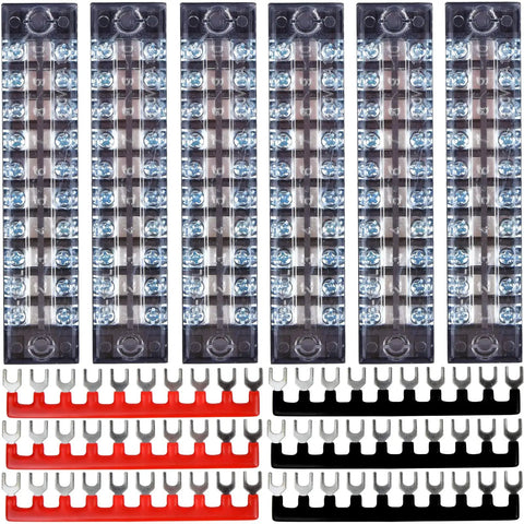 12 Pack 10 Position Screw Terminal Blocks With Covers And Ground Pluggable PCB And Busbar 600V 15A Dual Row Insulated Beefy Copper Conductors
