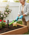 Gardener using Beefy Double Sided Garden Hoe Mattock For Digging 16.9 Inch With Non Slip Handle Heavy Duty Pick Axe in raised bed