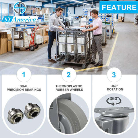 Warehouse scene with two men using carts featuring four inch non marking thermo rubber caster wheels set of four swivel industrial grade casters.