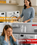 Woman happily using dryer after installing Drum Roller Kit With Drive Belt And Idler Pulley For Maytag Neptune 3000 Series MDE6000AYW MDE5500AYW Replacement 12001541 303373K 33002535 WP6 3700340 WP33002535; another woman covers ears from noisy dryer before repair