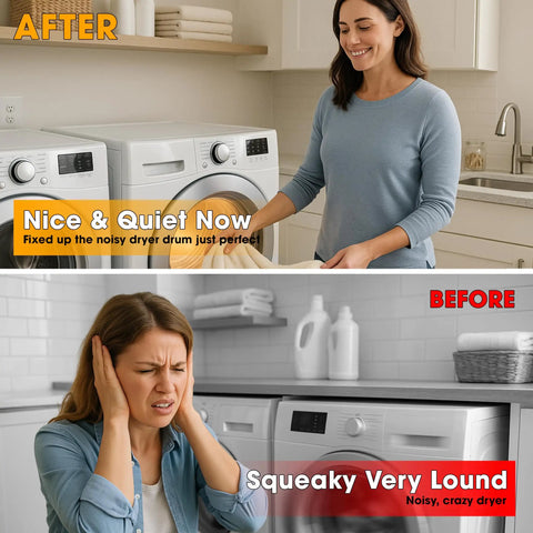 Woman happily using dryer after installing Drum Roller Kit With Drive Belt And Idler Pulley For Maytag Neptune 3000 Series MDE6000AYW MDE5500AYW Replacement 12001541 303373K 33002535 WP6 3700340 WP33002535; another woman covers ears from noisy dryer before repair