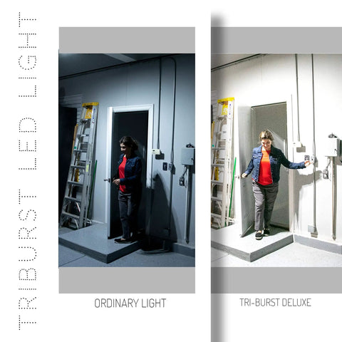 Comparison of room lighting with Triburst Deluxe Ason TV 5500 Lumens 6500 Kelvin Ultra Bright LED Ceiling Light installed on right