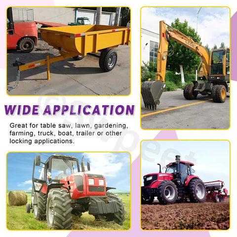 Wide application of heavy duty shaft locking pin kit on trailers, excavators, farm tractors for towing and lawn care.