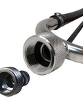 Heavy Duty Steel Boat Motor Flusher with hose connection visible, highlighting dual flow muff style and five eighths inch garden hose compatibility.