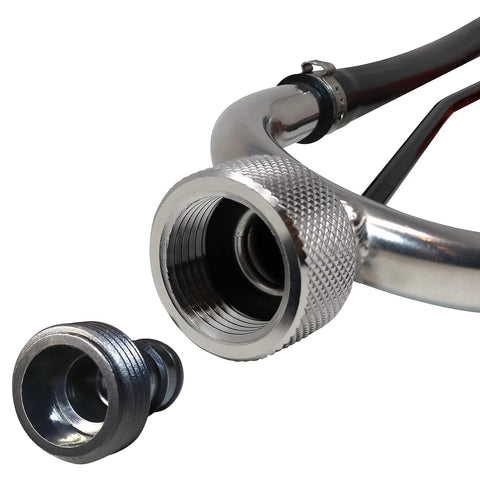 Heavy Duty Steel Boat Motor Flusher with hose connection visible, highlighting dual flow muff style and five eighths inch garden hose compatibility.