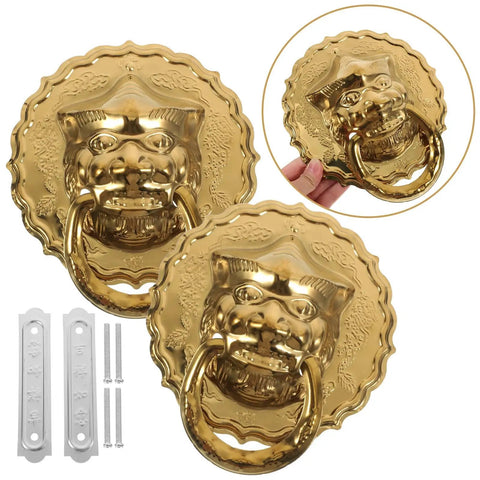Lion Head Door Knocker And Front Door Pull Handle Brass Decorative Hardware Set Of 2 For Vintage Chinese Style Home Entry