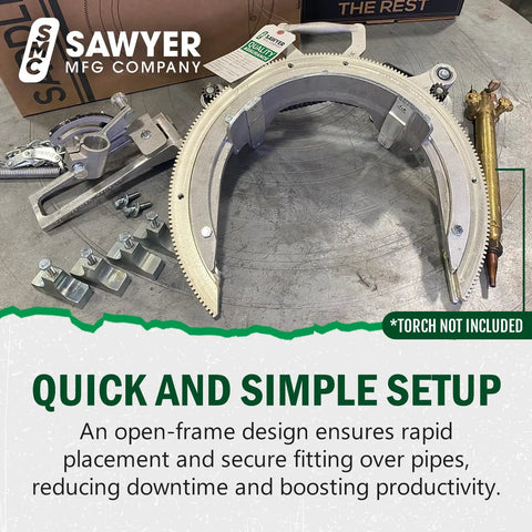 Open Frame Pipe Saddle Cutter For Beveling Torch Guide Features Quick Swap Three Size Spacers For 6 To 12 Inch Line Pipe Weld Prep with tools.