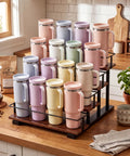 Multicolor tumblers on 4 Tier Water Bottle Organizer Rack For 40oz Tumblers And Bottles, Carbon Steel Frame, Wooden Shelves