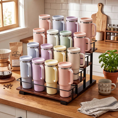 Multicolor tumblers on 4 Tier Water Bottle Organizer Rack For 40oz Tumblers And Bottles, Carbon Steel Frame, Wooden Shelves