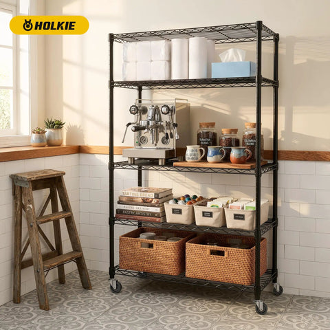 Premium Stem Casters Set Of 4 With Locking Brake Three Eighth 16 Thread One And One Half Inch Stem For Carts And Shelving Units on a wire shelf.