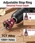 Top Shelf 7 Piece Countersink Drill Bit Set For Woodworking With Adjustable Depth Stop To Nail A Slick Flush Finish Every Time Includes Hex Key And Screwdriver Bit For Your Daily DIY Grind showing adjustable stop ring and TCT alloy drill.