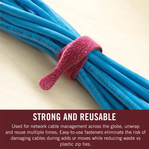 Fire Retardant Cable Ties 50 Pack One Wrap FR 8 Inch Pre Cut Cable Management Ties securing blue cables tightly.