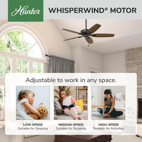52 Inch Bronze Indoor Ceiling Fan No Light With Pull Chain, 5 Blades, Standard Mount in bedroom with windows and sofa