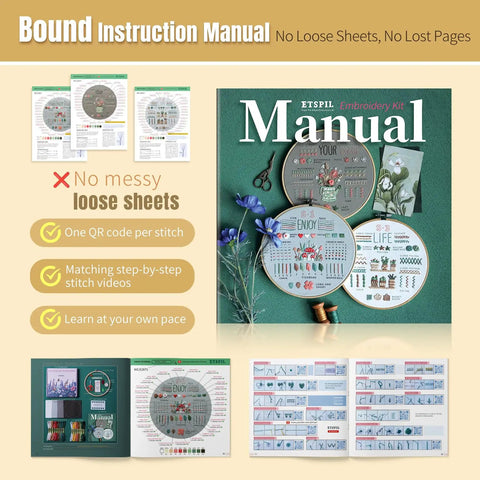 Bound guide of Beginner Embroidery Kit With Magnetic Needle Minder, 4K Video Tutorials, Pre Printed Floral Patterns for women at home.