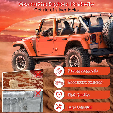 Jeep Wrangler with magnetic keyhole covers, highlighting strong magnetic, decorative, high quality, and easy install features.