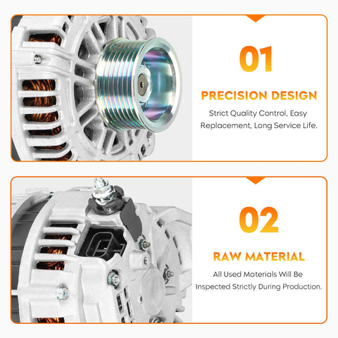 Close-up view of Beefed-Up 5.6L V8 Alternator for QX56 Armada Pathfinder Titan 2004-2006 Models, showcasing precision design and raw materials.