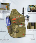 Khaki Camo BlowBak Tactical Sling Tackle Bag Lightweight Fishing Backpack with multiple storage pockets and gear organized.