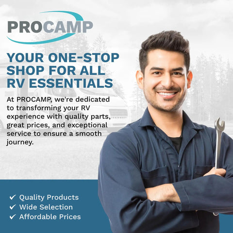 Smiling mechanic holding a wrench, promoting PRO CAMP as a one-stop shop for RV essentials with quality products and services.