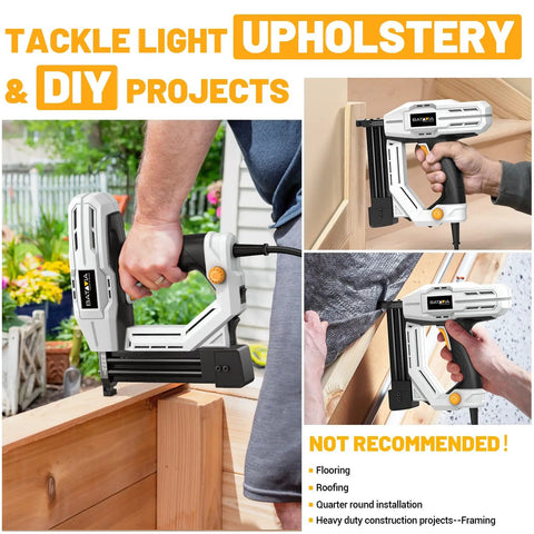 Badass Heavy Duty 2 In 1 Electric Nail Gun 18 Gauge Brad Nailer And Corded Stapler shown in use for DIY upholstery projects.