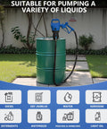 Heavy Duty Electric Drum Pump 5 GPM Fast Pour Setup Plug And Play For Diesel Def Water Antifreeze Motor Oil Chemicals No Hassle Operation 2 Inch Bung Adapter 110V 240V Ac Dc on green barrel outdoors.