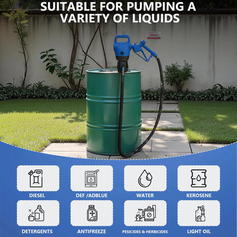 Heavy Duty Electric Drum Pump 5 GPM Fast Pour Setup Plug And Play For Diesel Def Water Antifreeze Motor Oil Chemicals No Hassle Operation 2 Inch Bung Adapter 110V 240V Ac Dc on green barrel outdoors.
