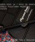 Single Picatinny Rail Mount For Ruger Mini 14 And Mini 30 Ranch Rifles displayed on case, easy clamp on optic mount.
