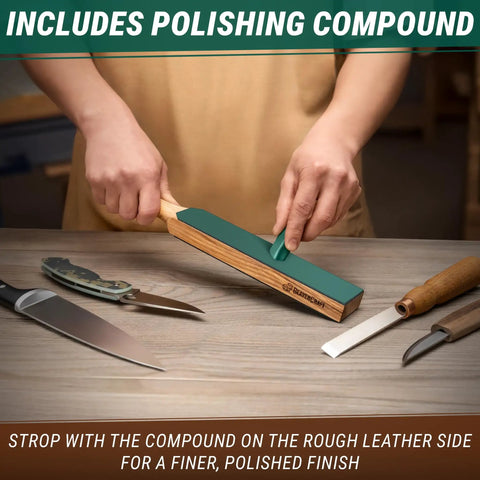Two Sided Leather Knife Strop Kit With Stropping Compound For Woodcarving Tools And Chisels, 14 Inch Razor Sharp Honing Strop Block, Pro Grade Knife Sharpening Kit For Beginners And Pros