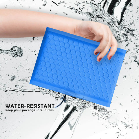 Hand holding Blue Waterproof Bubble Mailers 4x8 Self Seal Adhesive Shipping Bags with cushioned padded envelopes for mailing