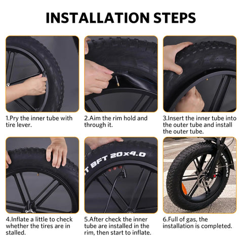 Installation guide for Fat Tire 20x4 Inner Tube With Schrader Valve, Premium Butyl Rubber Tube for bikes, 32mm valve, steps 1-6