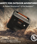 Explorer 1000 V2 Portable Power Station 1070Wh LiFePO4 Battery showcased in rugged outdoor setting, emphasizing durability.