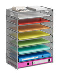 Side view of a 9 Tier Mesh Paper Organizer With Portable Handle, Desk File Sorter For Home Office in gray, holding colorful papers.
