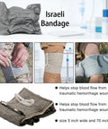 Israeli Bandage from Trauma First Aid Kit With Tourniquet And Israeli Bandage 34 Piece Tactical Emergency Gear For Car Camping Hiking And Travel Black Bleeding Control Essentials You Can Grab And Go, illustrating its application uses on limbs, size 5 inch by 70 inch.