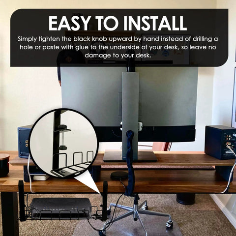 Desk setup with monitor and No Drill Under Desk Cable Management Tray Set, 2 Pack Clamp On Metal Wire Cable Organizer for desks and offices