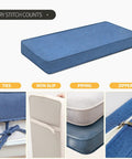 Custom Size Indoor Outdoor Bench Cushion With High Resilience Foam Waterproof Double Piping 90 Plus Colors To Choose From For Patio Furniture Window Seats And Piano Benches So Cozy You Will Love Seating, featuring blue color, ties, non-slip bottom, piping, and zipper details.