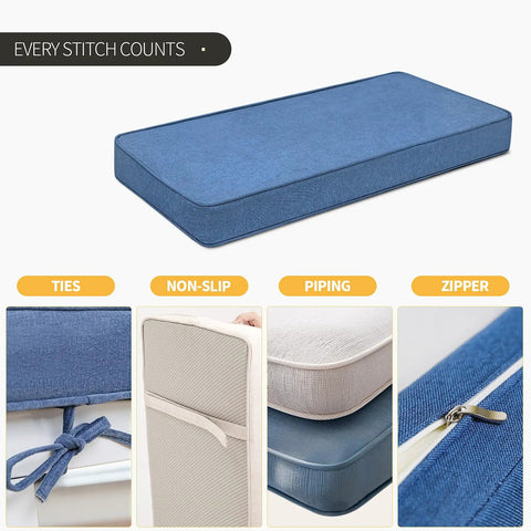 Custom Size Indoor Outdoor Bench Cushion With High Resilience Foam Waterproof Double Piping 90 Plus Colors To Choose From For Patio Furniture Window Seats And Piano Benches So Cozy You Will Love Seating, featuring blue color, ties, non-slip bottom, piping, and zipper details.