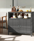 Rattan Storage Cabinet With Acacia Wood Countertop For Patio Or Garden, Open Shelf And Double Door Cabinet in mixed gray.