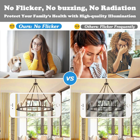 Comparison between non-flickering and flickering lights with 12 Pack Dimmable E12 Candelabra LED Bulbs With 60W Equivalent lighting