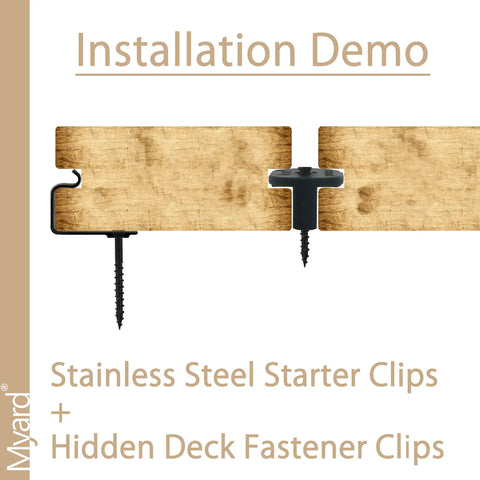Illustration showing installation of Stainless Steel Deck Starter Clips Kit, 18 Pack For 200 Sq Ft Grooved Decking