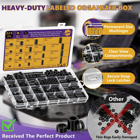 Must Have 324 Piece Black Nylon Spacer Kit For M3 To M6 Screws And Bolts 3 To 25 Millimeter Heights 18 Size Assortment For Electronics Robotics DIY Mounting Durable Versatile Spacers labeled organizer box with compartments