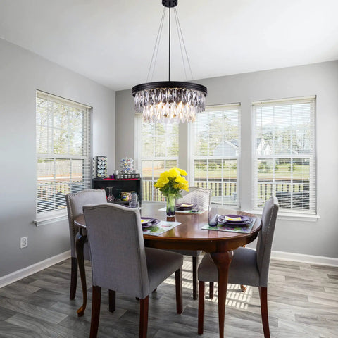 Bold Black Drum Polygon Crystal Chandelier, 4 Light Modern Ceiling Fixture With Sleek Matte Black Finish in dining room decor