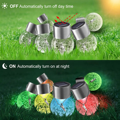 Day and night view of 12 Pack Hanging Solar Cracked Glass Globe Lights Outdoor Waterproof Lanterns With Handle Clip No Wiring Easy Install